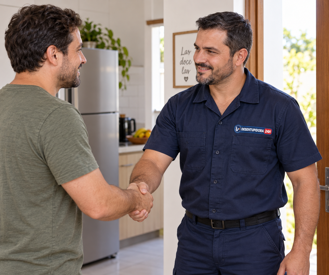 Técnico da Desentupidora 24h cumprimentando um cliente em casa